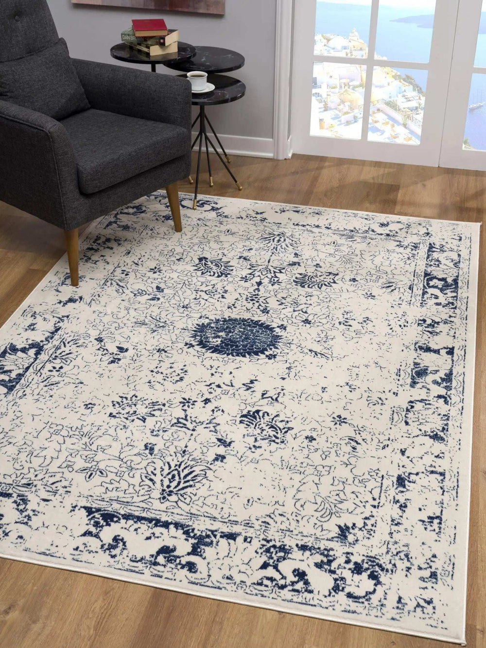 4' X 6' Navy Blue Distressed Floral Area Rug - Homeroots - Flyclothing LLC