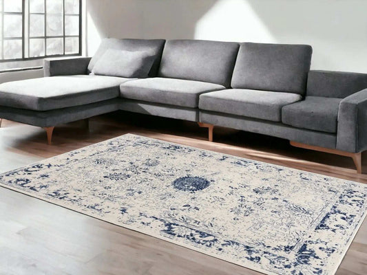 5' X 8' Navy Blue Distressed Floral Area Rug - Homeroots - Flyclothing LLC