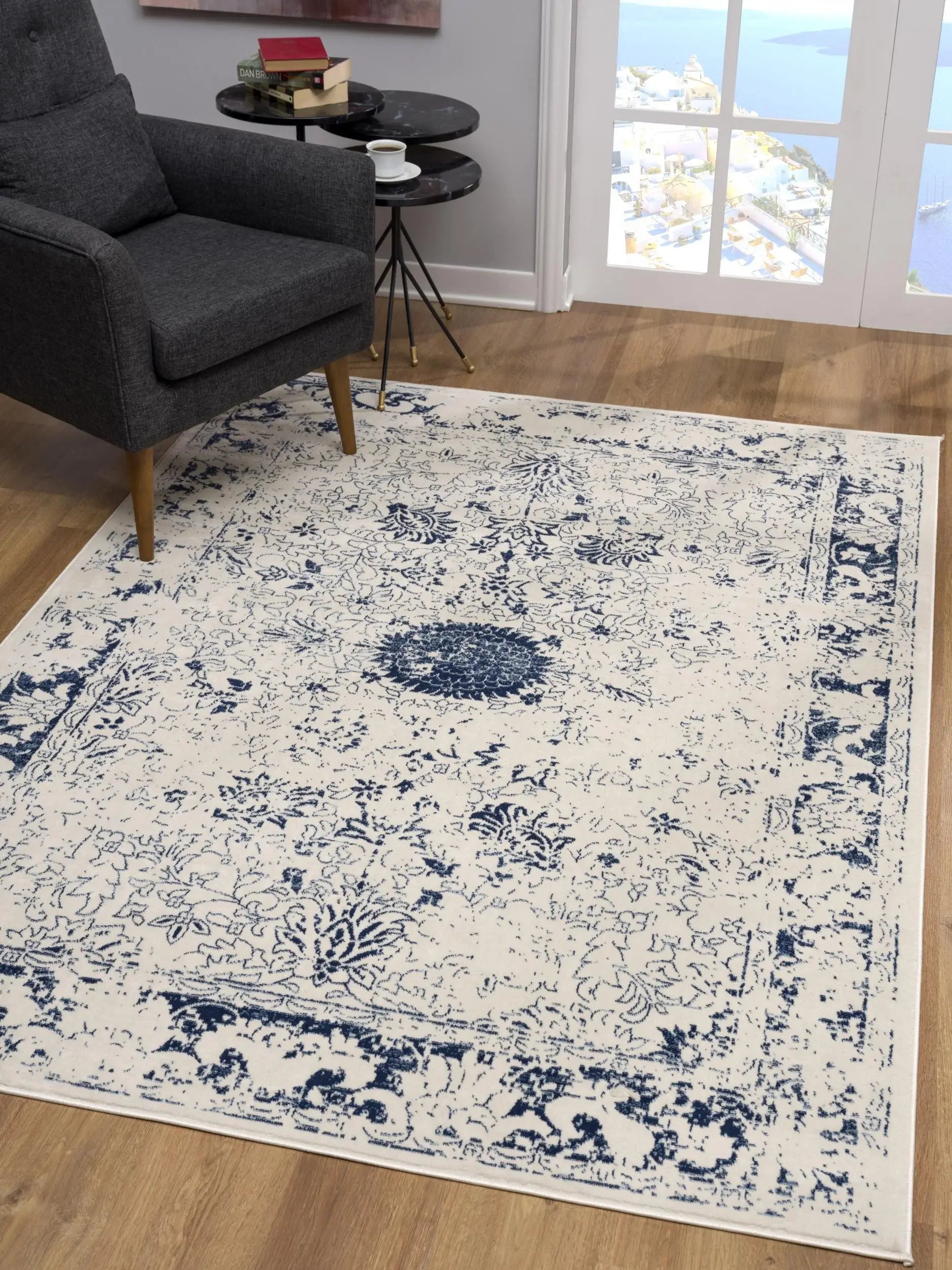 8' X 11' Navy Blue Distressed Floral Area Rug - Homeroots - Flyclothing LLC