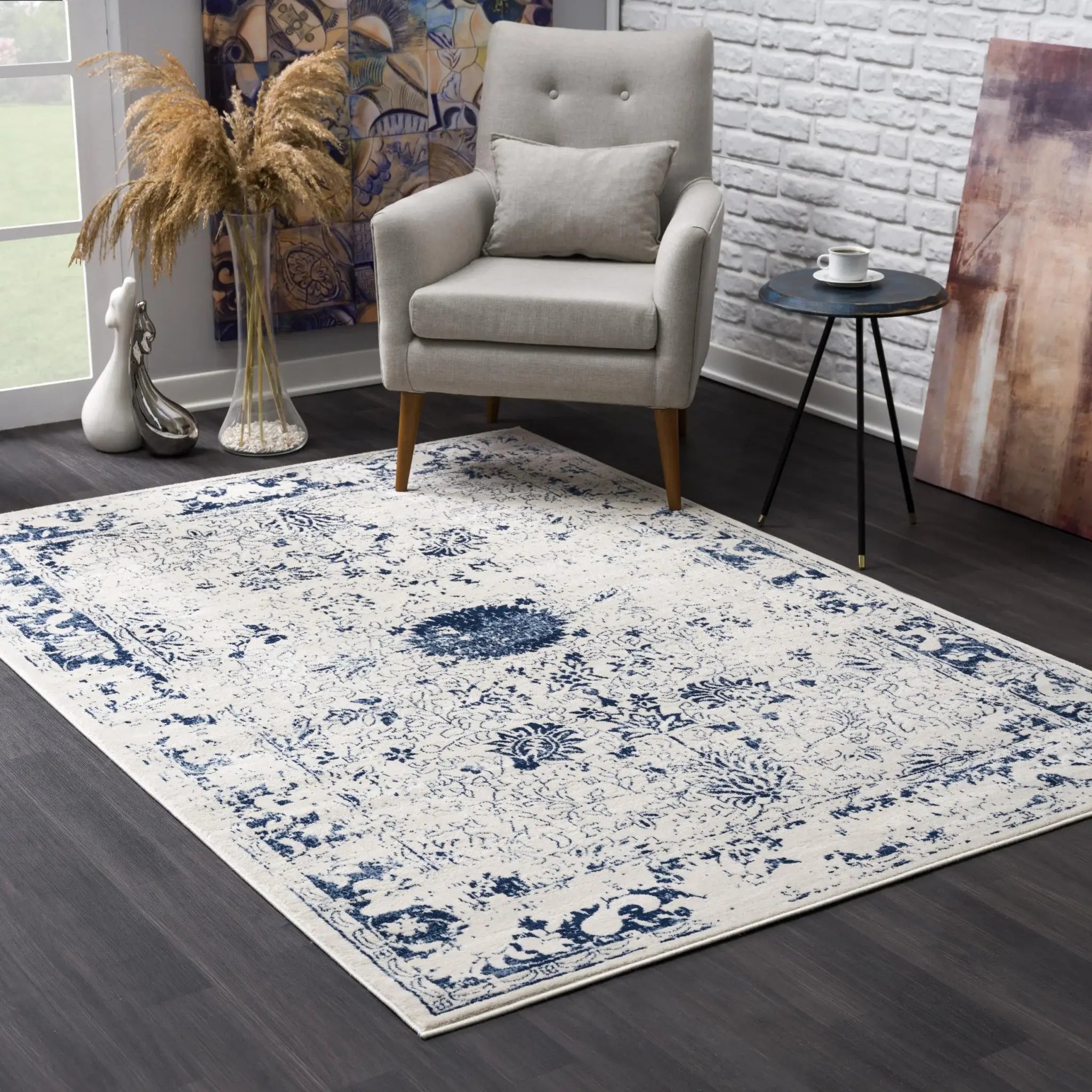 8' X 11' Navy Blue Distressed Floral Area Rug - Homeroots - Flyclothing LLC