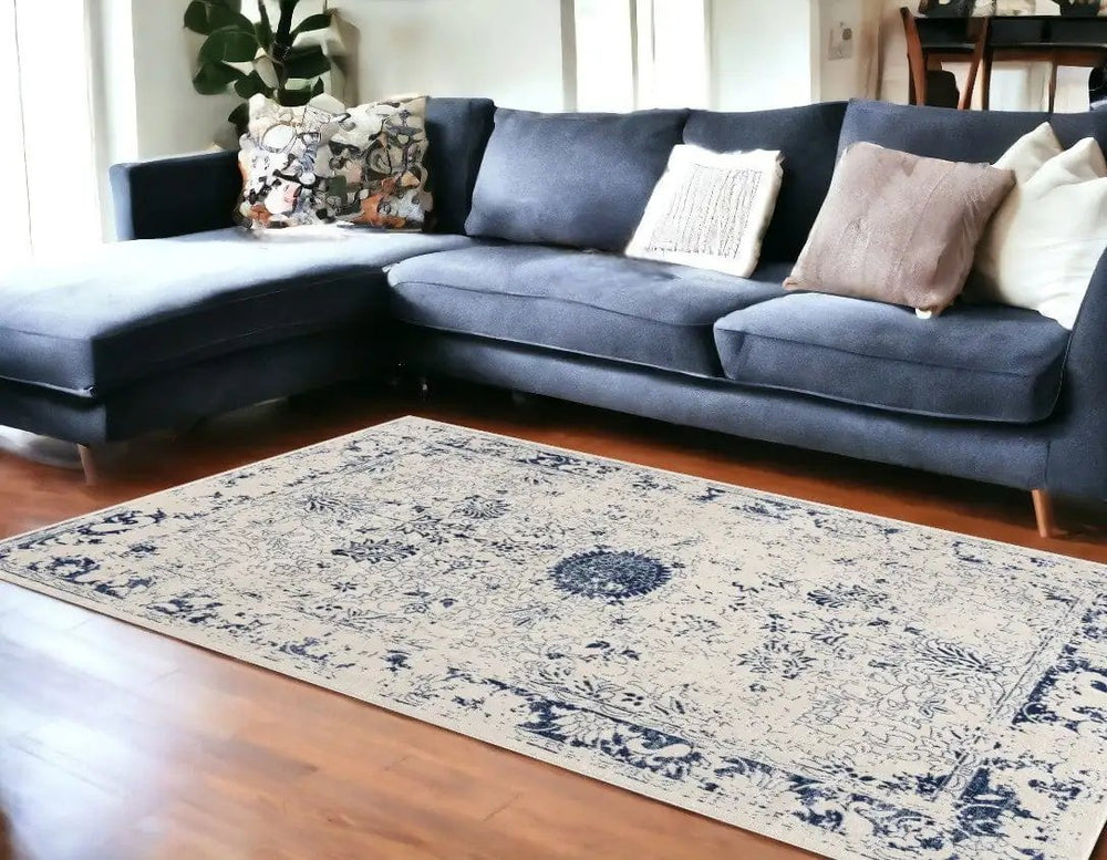 8' X 11' Navy Blue Distressed Floral Area Rug - Homeroots
