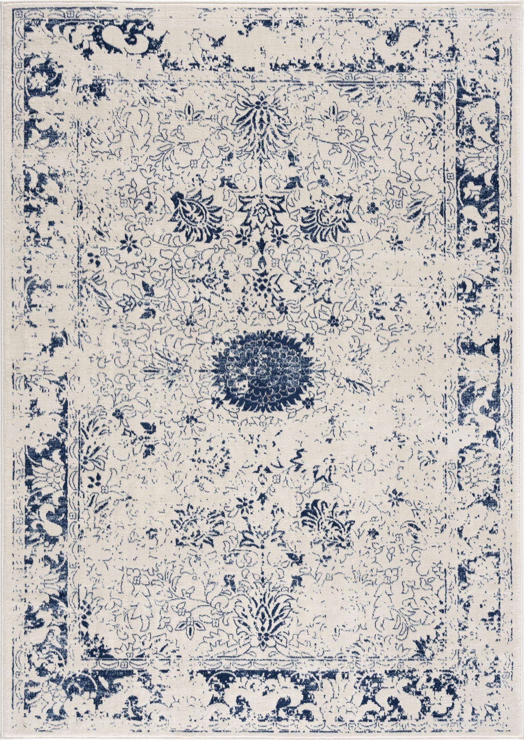 8' X 11' Navy Blue Distressed Floral Area Rug - Homeroots - Flyclothing LLC