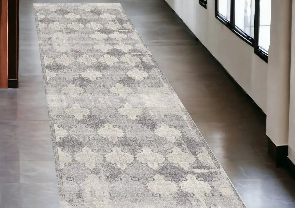 2' X 10' Gray Distressed Trellis Pattern Runner Rug - Homeroots