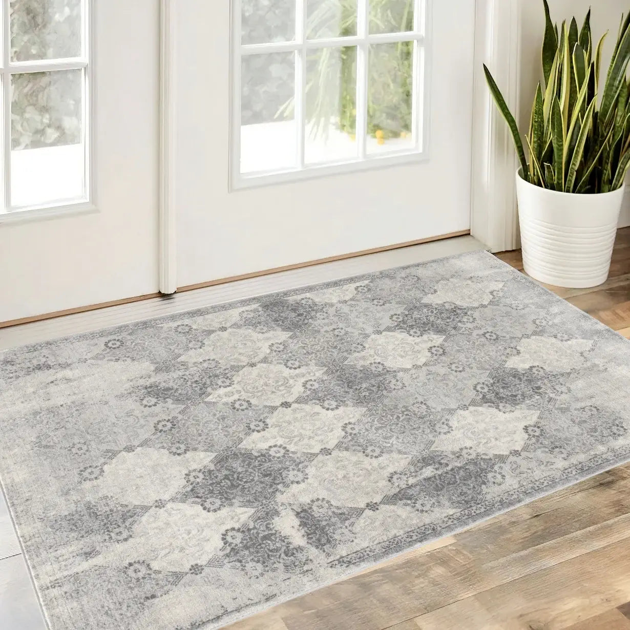 2' X 3' Gray Distressed Trellis Pattern Scatter Rug - Homeroots - Flyclothing LLC