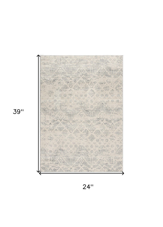 2' X 3' Ivory Distressed Ikat Pattern Scatter Rug
