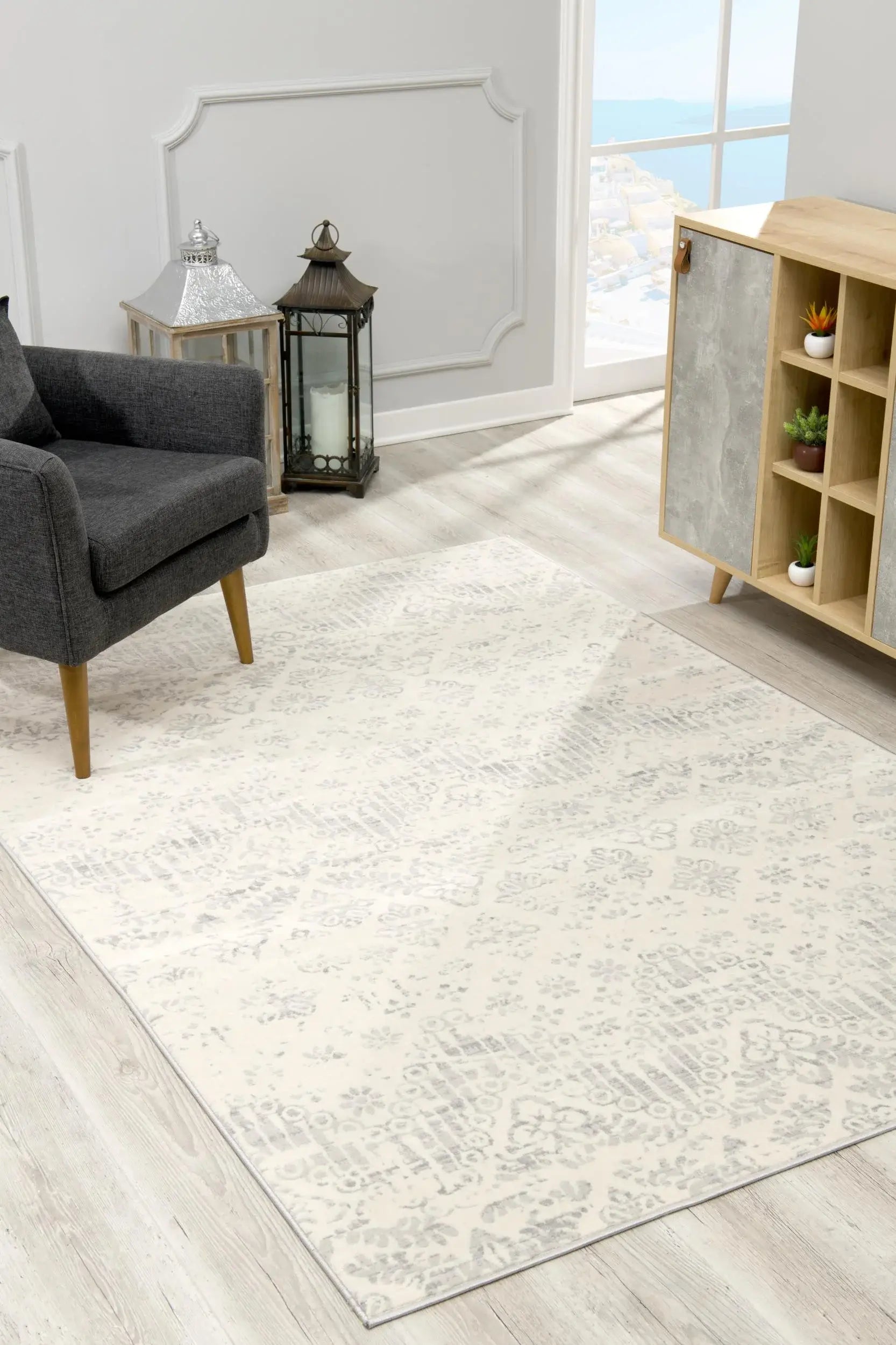 8' X 11' Ivory Distressed Ikat Pattern Area Rug - Homeroots - Flyclothing LLC