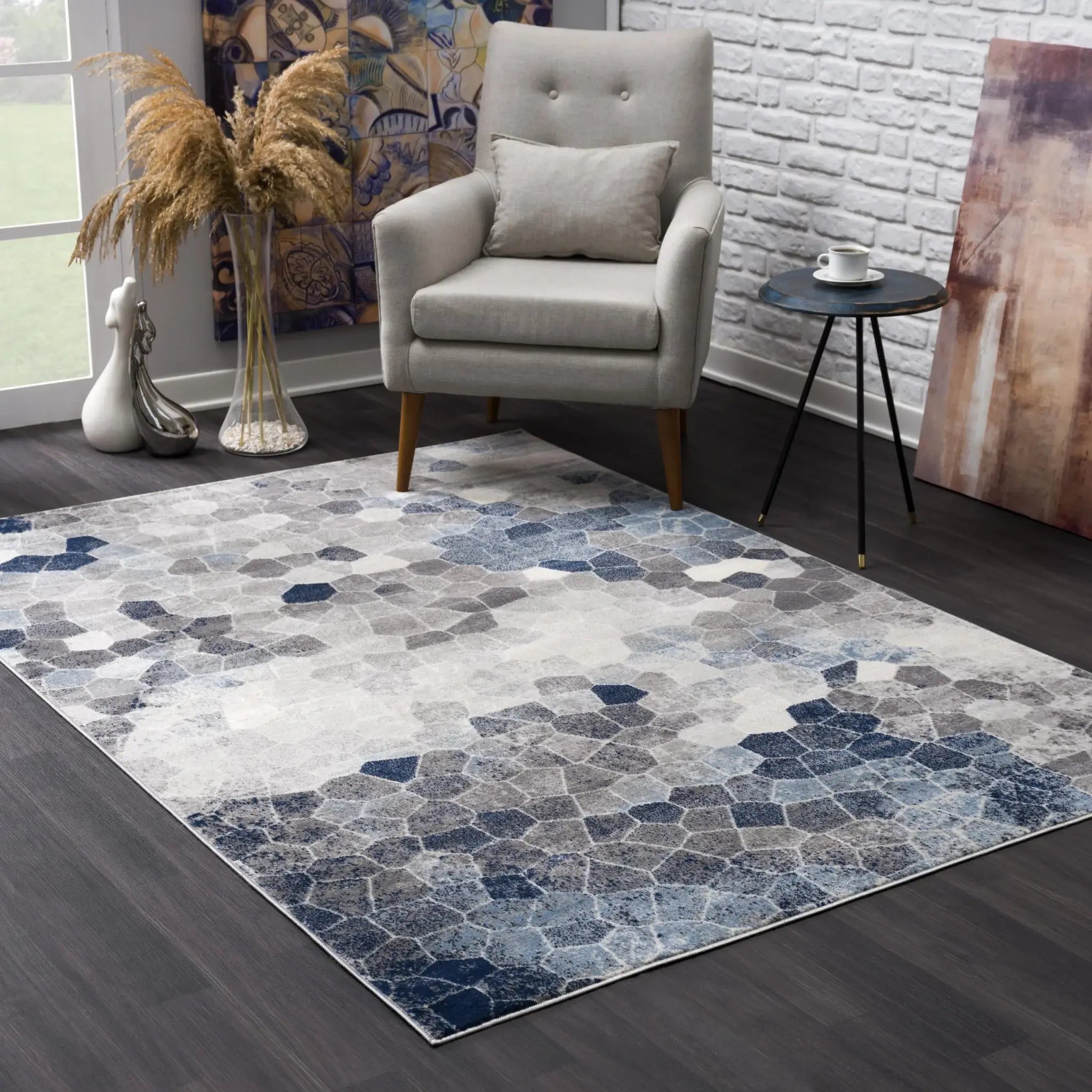5' X 8' Navy Blue Cobblestone Pattern Area Rug - Homeroots - Flyclothing LLC