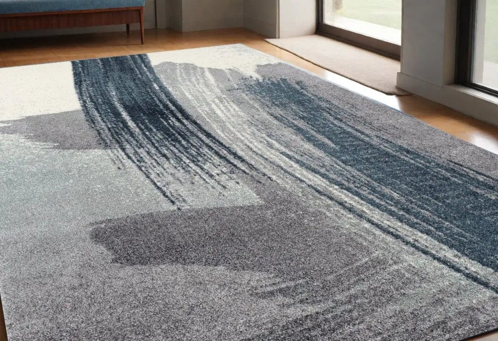5' X 8' White And Blue Abstract Strokes Area Rug - Homeroots