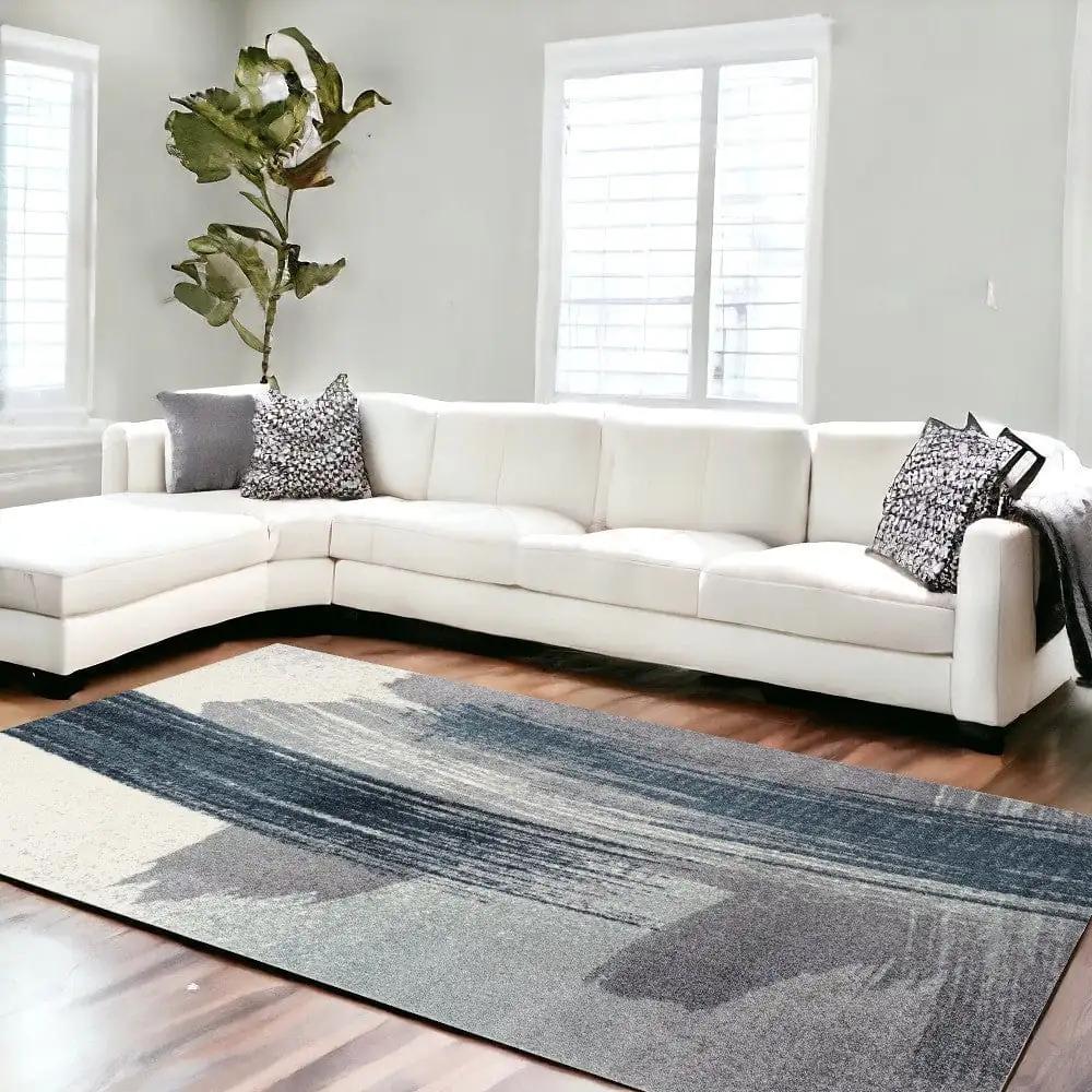 7' X 9' White And Blue Abstract Strokes Area Rug - Homeroots