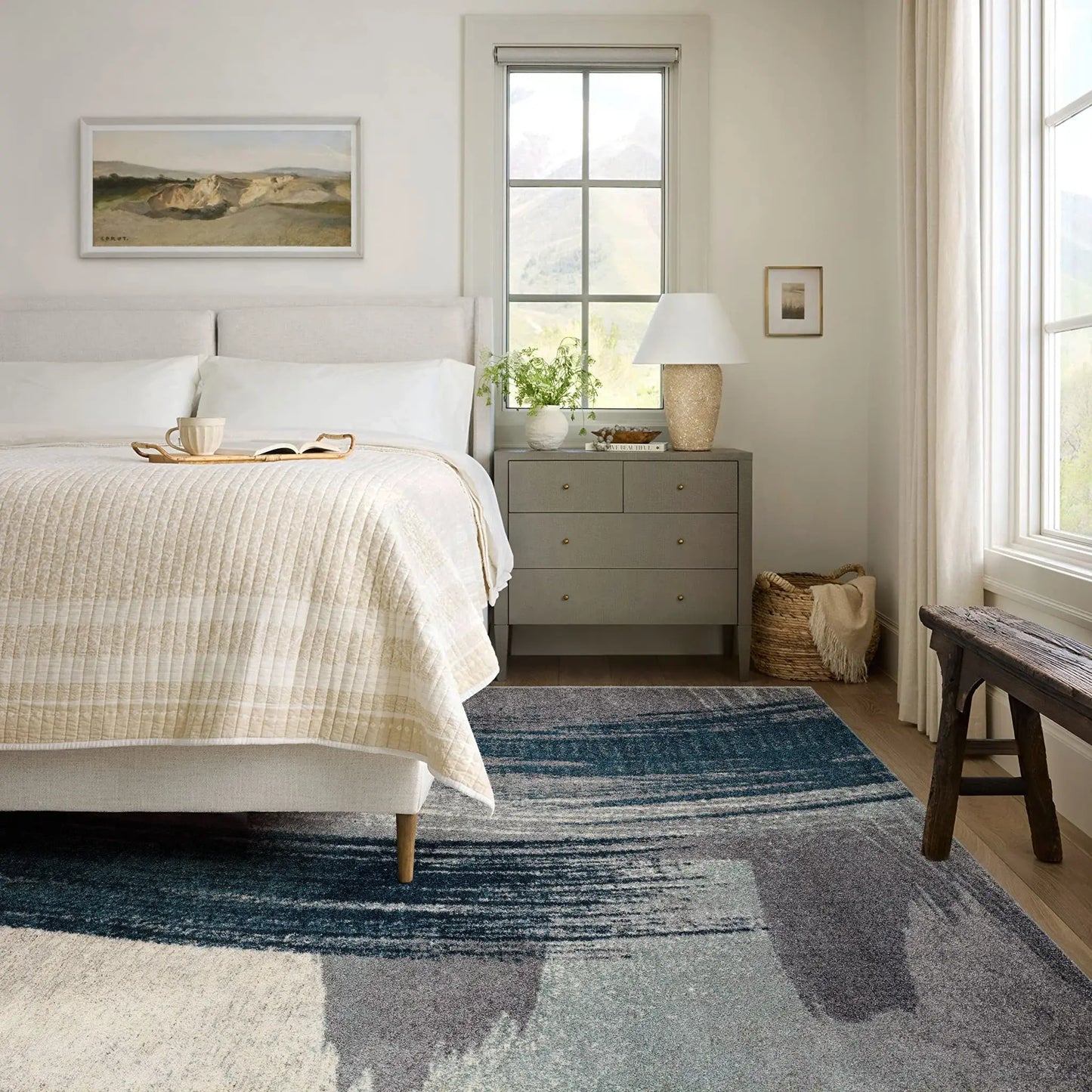8' X 11' White And Blue Abstract Strokes Area Rug - Homeroots - Flyclothing LLC