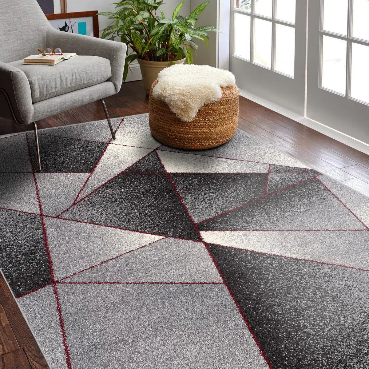 4' X 6' Grey Red Geometric Area Rug - Homeroots - Flyclothing LLC