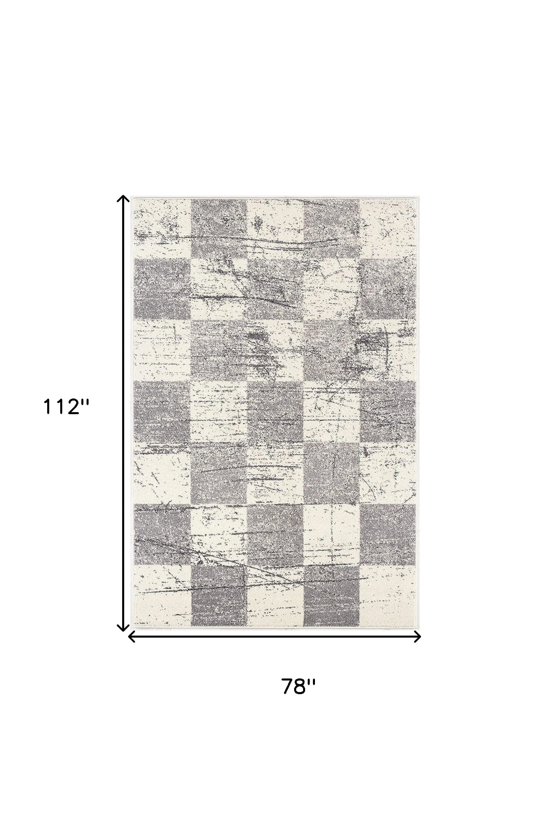 7' X 9' Gray and White Checkered Power Loom Distressed Area Rug - Homeroots