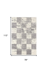 7' X 9' Gray and White Checkered Power Loom Distressed Area Rug - Homeroots