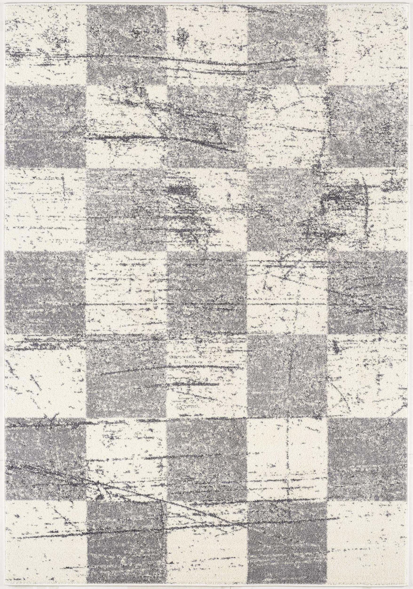 7' X 9' Gray and White Checkered Power Loom Distressed Area Rug - Homeroots