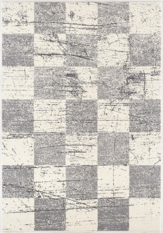 7' X 9' Gray and White Checkered Power Loom Distressed Area Rug - Homeroots