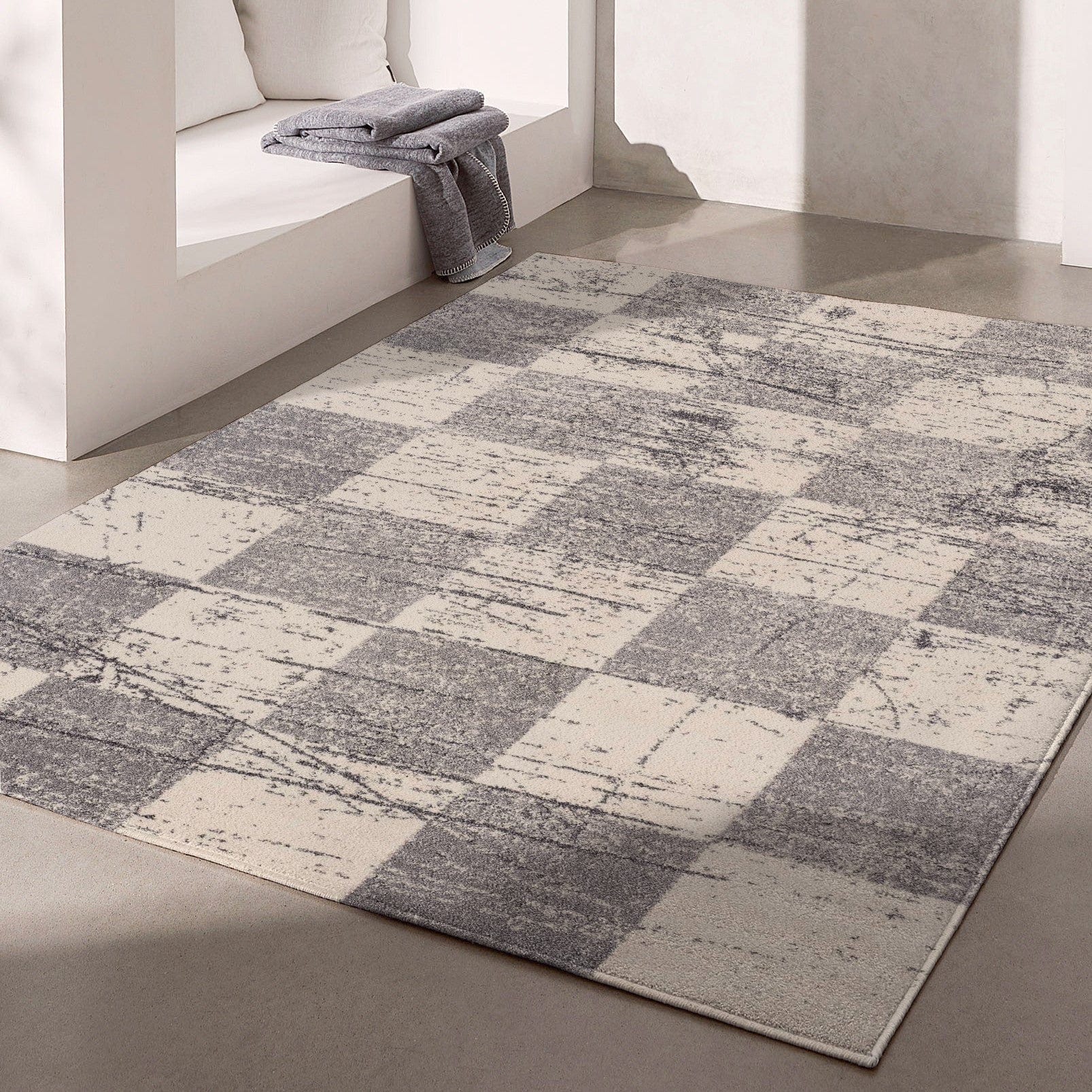 7' X 9' Gray and White Checkered Power Loom Distressed Area Rug - Homeroots