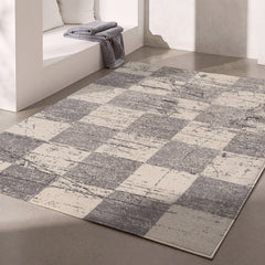 7' X 9' Gray and White Checkered Power Loom Distressed Area Rug - Homeroots