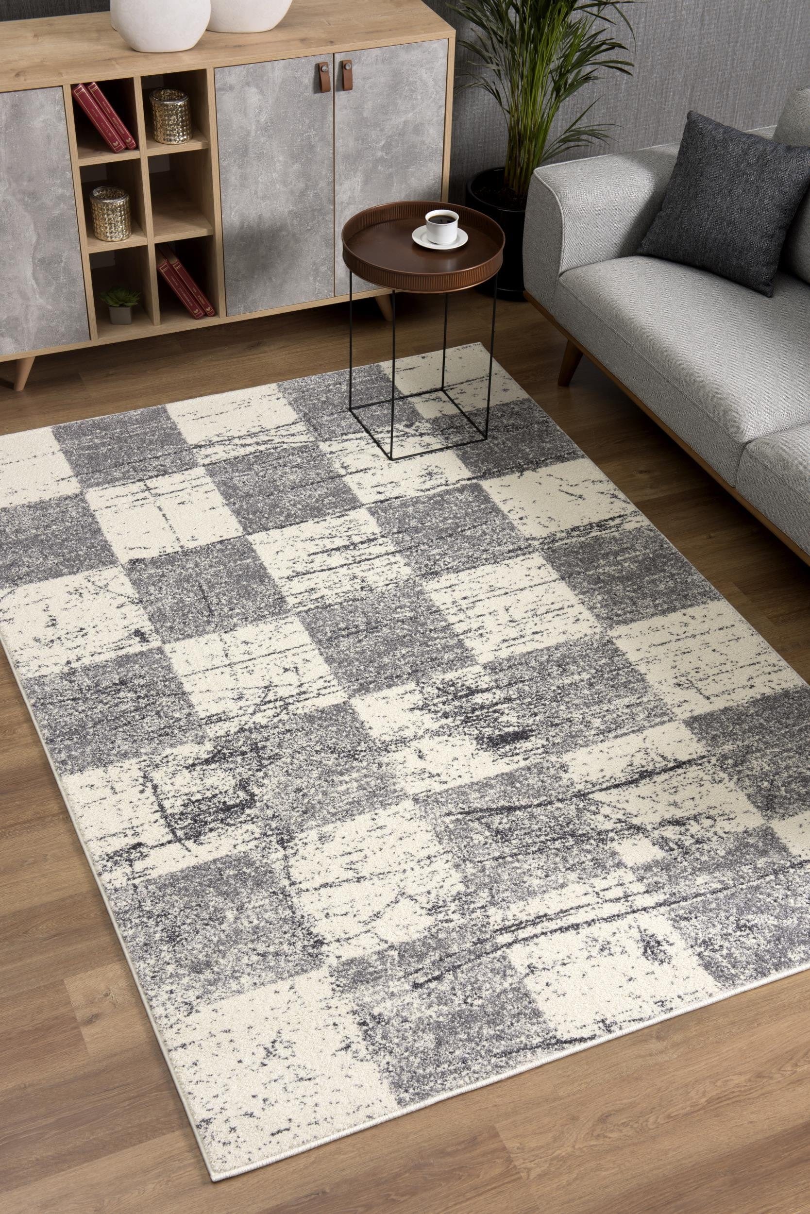 7' X 9' Gray and White Checkered Power Loom Distressed Area Rug - Homeroots