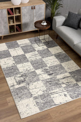 7' X 9' Gray and White Checkered Power Loom Distressed Area Rug - Homeroots