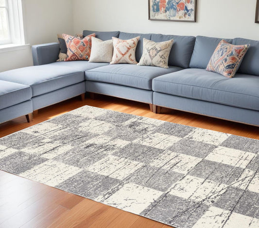 7' X 9' Gray and White Checkered Power Loom Distressed Area Rug - Homeroots