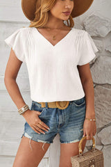 Ruched V-Neck Flounce Sleeve Blouse - Trendsi - Flyclothing LLC