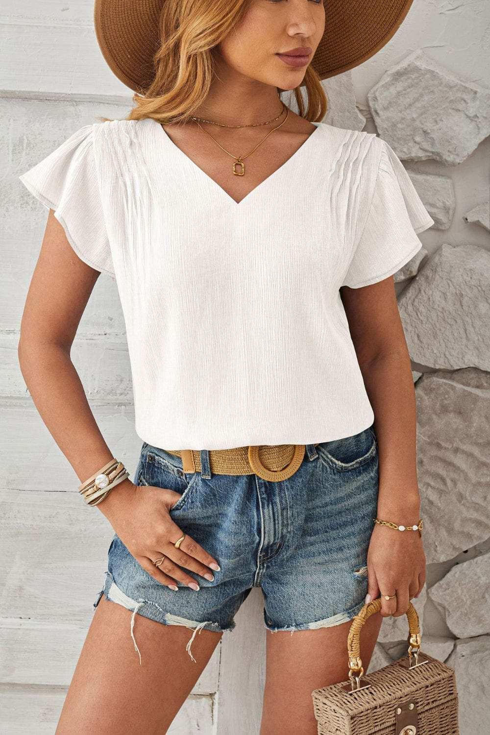 Ruched V-Neck Flounce Sleeve Blouse - Trendsi - Flyclothing LLC