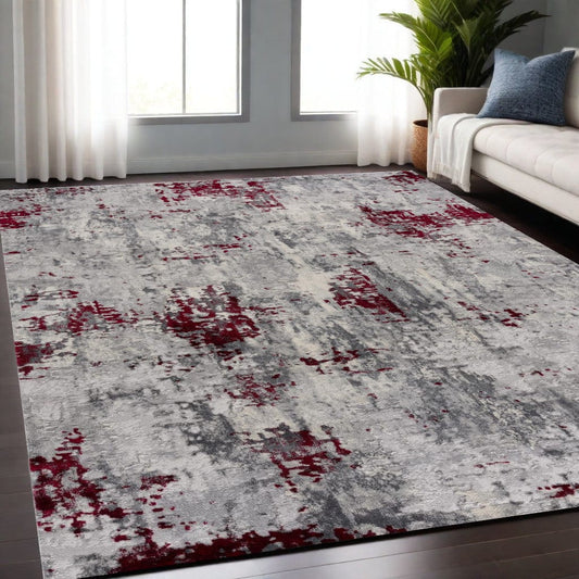 5' X 7' Red and Gray Abstract Area Rug - Homeroots