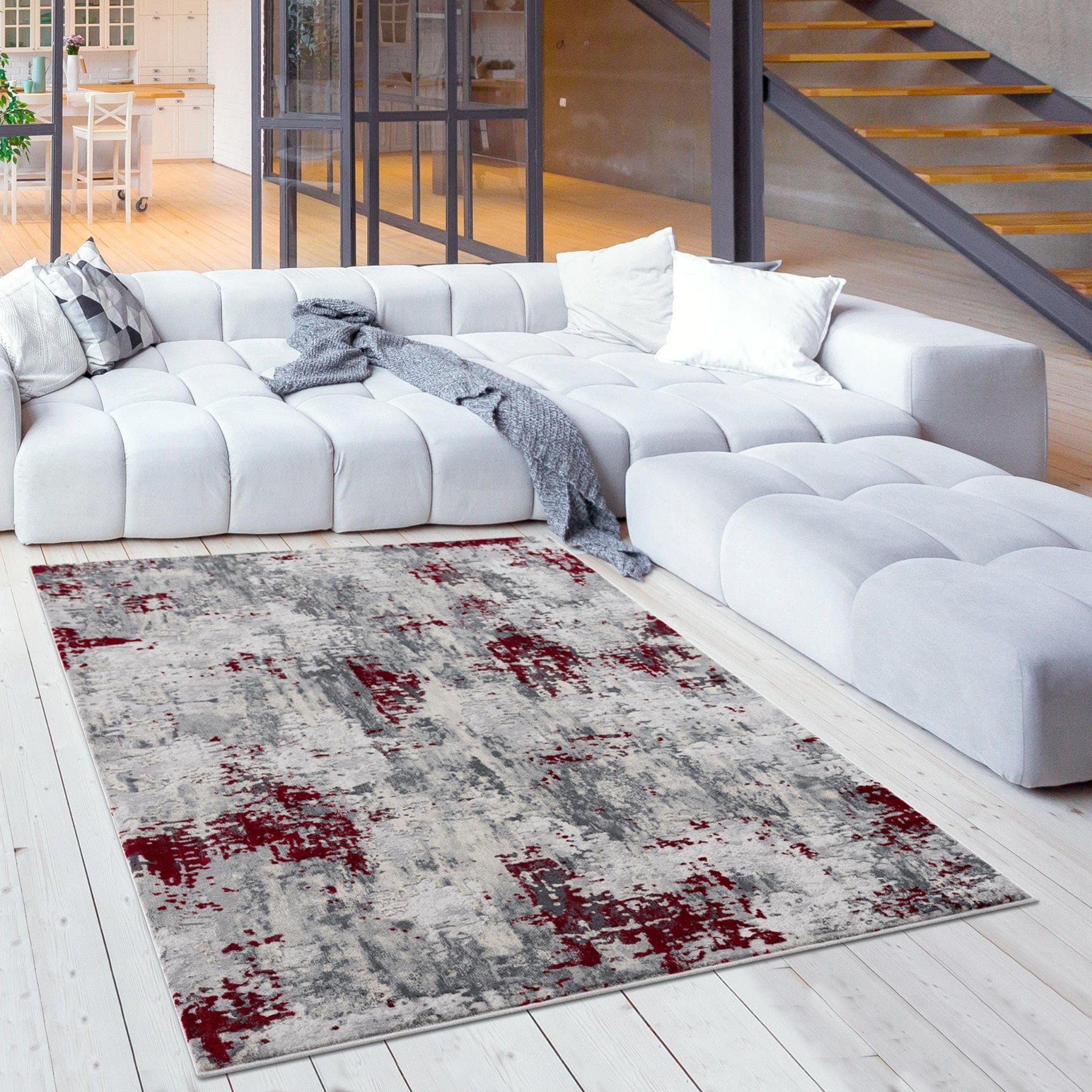 9' X 13' Red and Gray Modern Abstract Area Rug