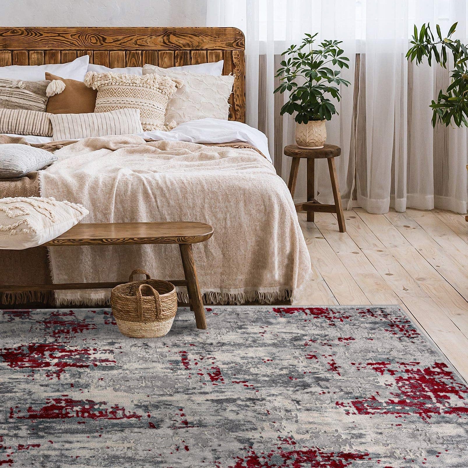 9' X 13' Red and Gray Modern Abstract Area Rug