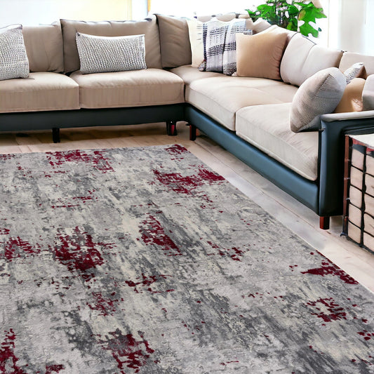 9' X 13' Red and Gray Modern Abstract Area Rug