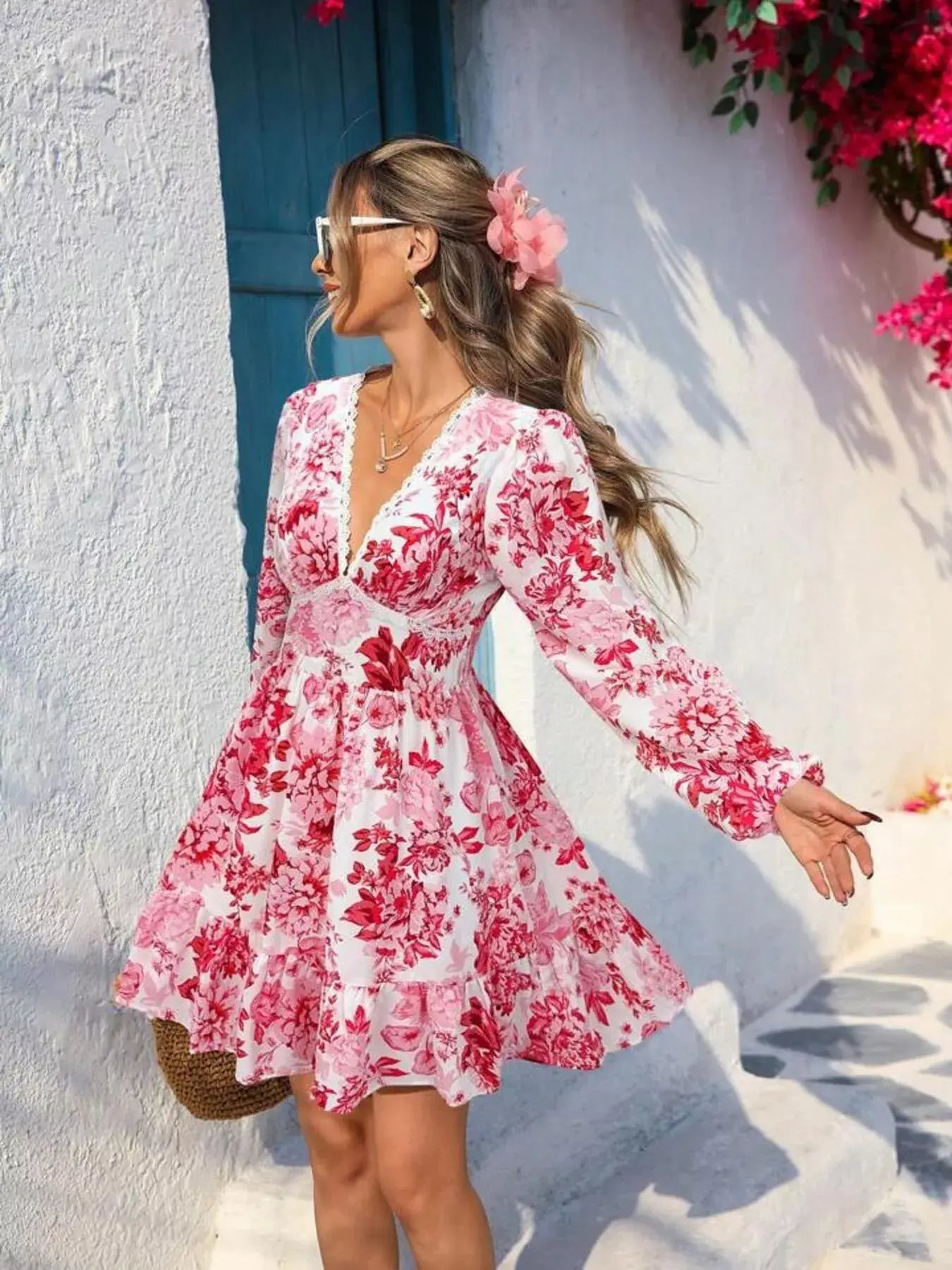 Full Size Floral Print V-Neck Long Sleeve Ruffle Hem Mini Dress Plus Size - Trendsi - Flyclothing LLC