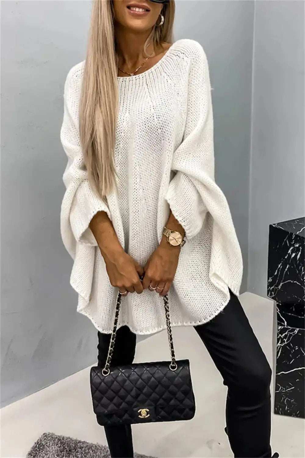 Round Neck Batwing Sleeve Sweater - Trendsi - Flyclothing LLC