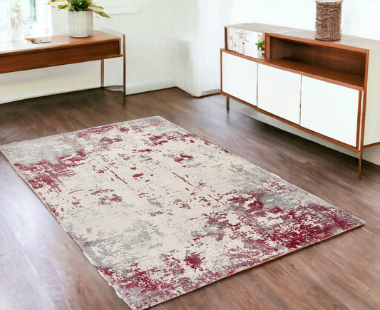 4' X 6' Red Abstract Dhurrie Area Rug