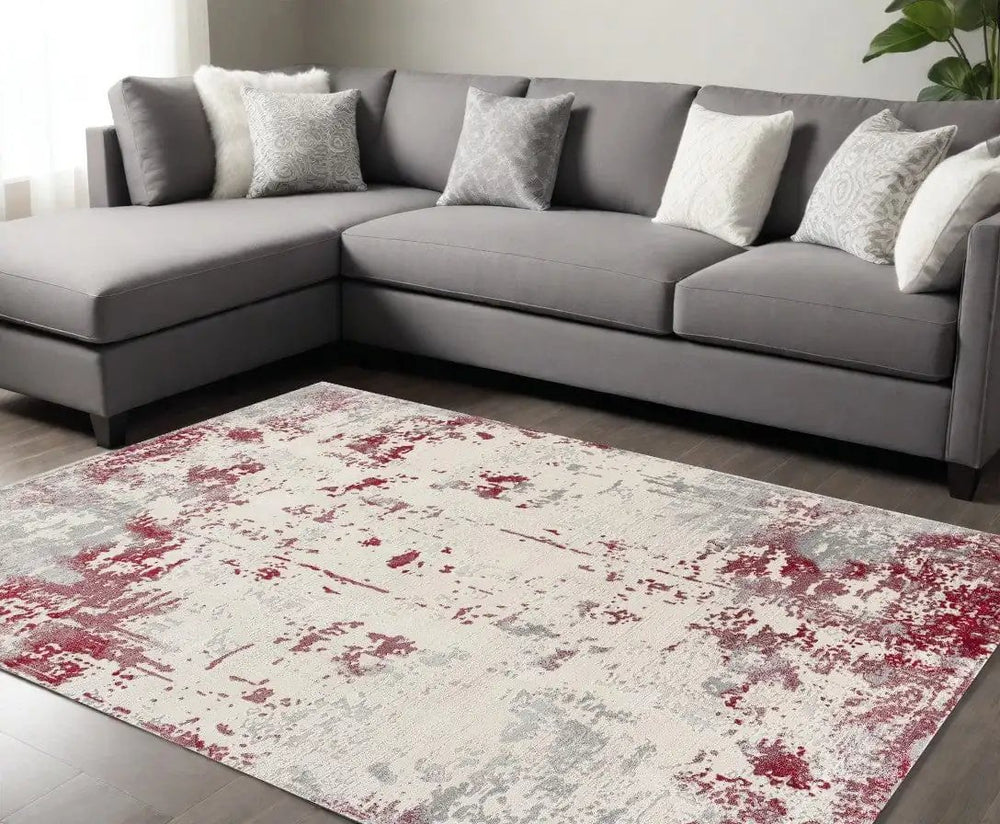 6' X 9' Ivory Red and Gray Abstract Area Rug - Homeroots