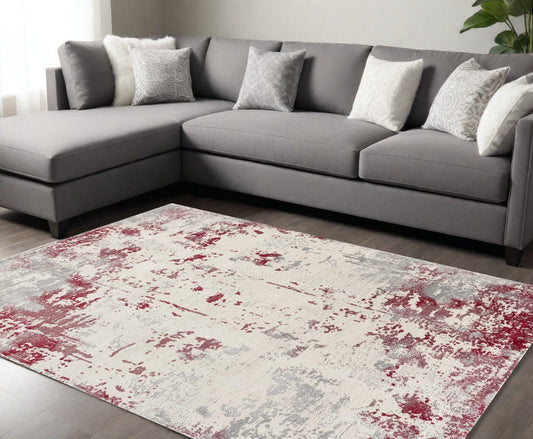 6' X 9' Ivory Red and Gray Abstract Area Rug - Homeroots