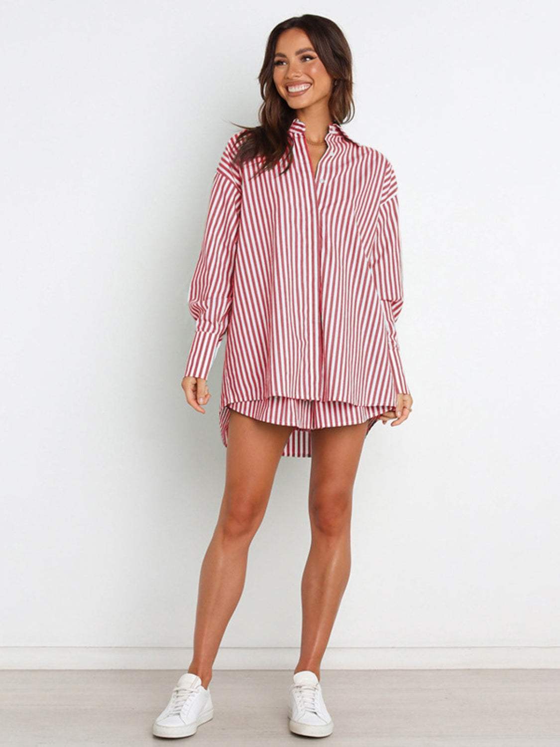Striped Dropped Shoulder Shirt and Shorts Set - Trendsi - Flyclothing LLC