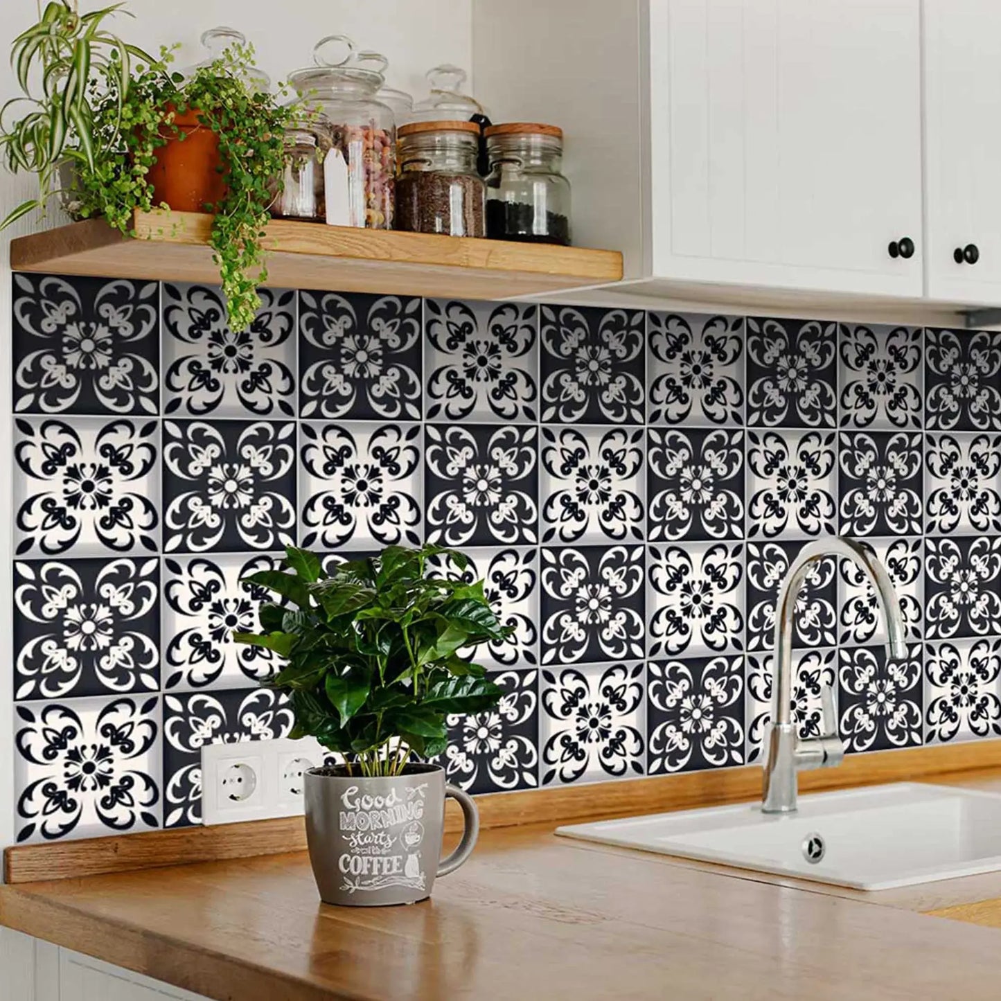 7" X 7" Black And White Quatro Peel And Stick Removable Tiles - Homeroots - Flyclothing LLC