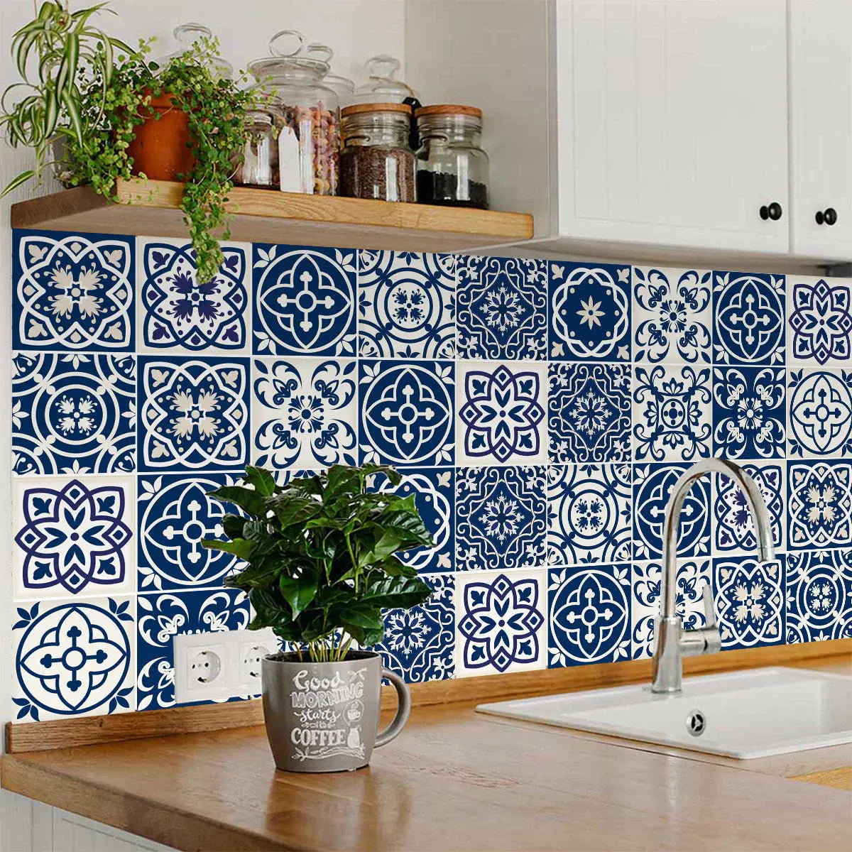 7" X 7" Midnight Blue And White Peel And Stick Removable Tiles - Homeroots - Flyclothing LLC