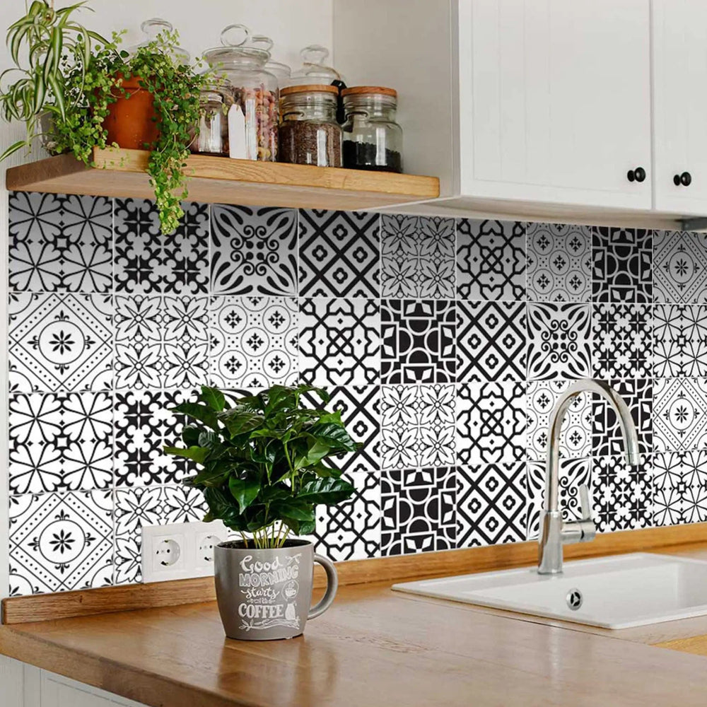 8" X 8" Black And White Mash Peel And Stick Removable Tiles - Homeroots