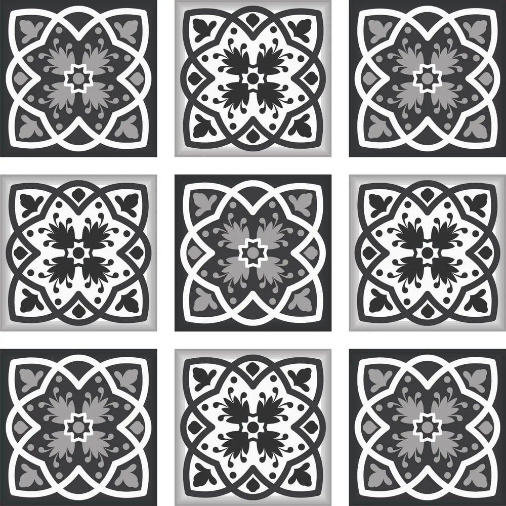 6" X 6" Black White And Gray Baz  Peel And Stick Removable Tiles - Homeroots