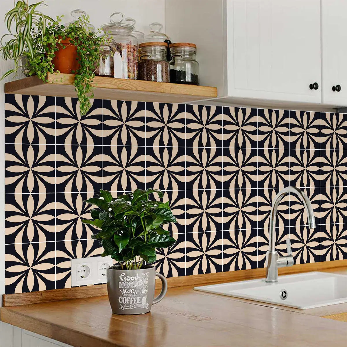 4" X 4" Intertwined Black And Cream Peel And Stick Removable Tiles - Homeroots - Flyclothing LLC