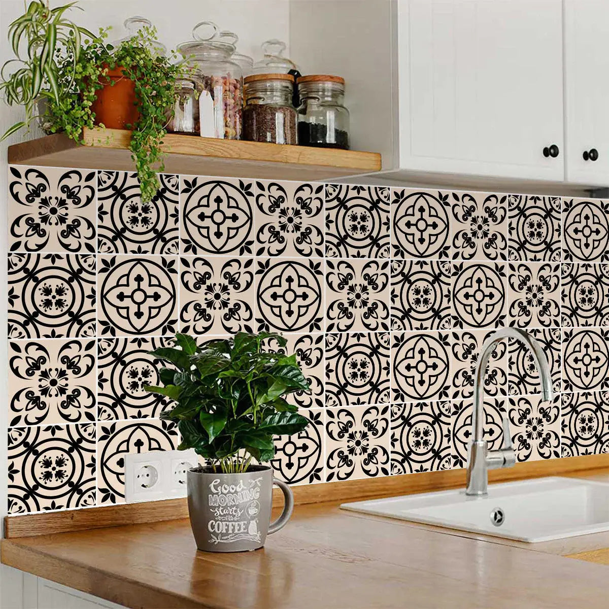 4" X 4" Cream And Black Mosaic Peel And Stick Removable Tiles - Homeroots - Flyclothing LLC