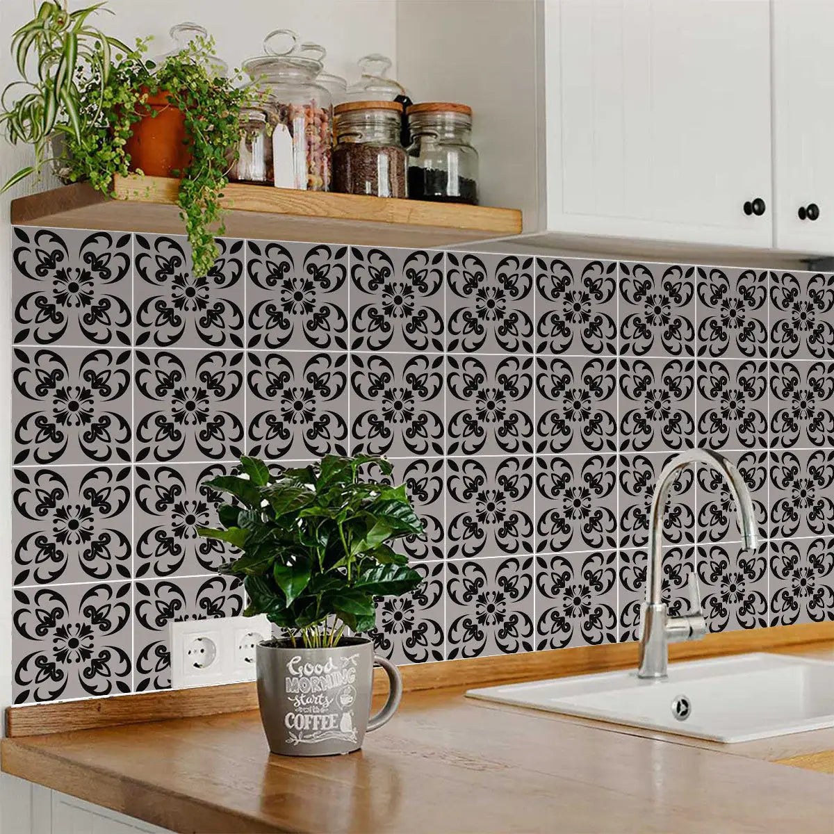 5" X 5" Black And White Orchid Peel And Stick Removable Tiles - Homeroots - Flyclothing LLC