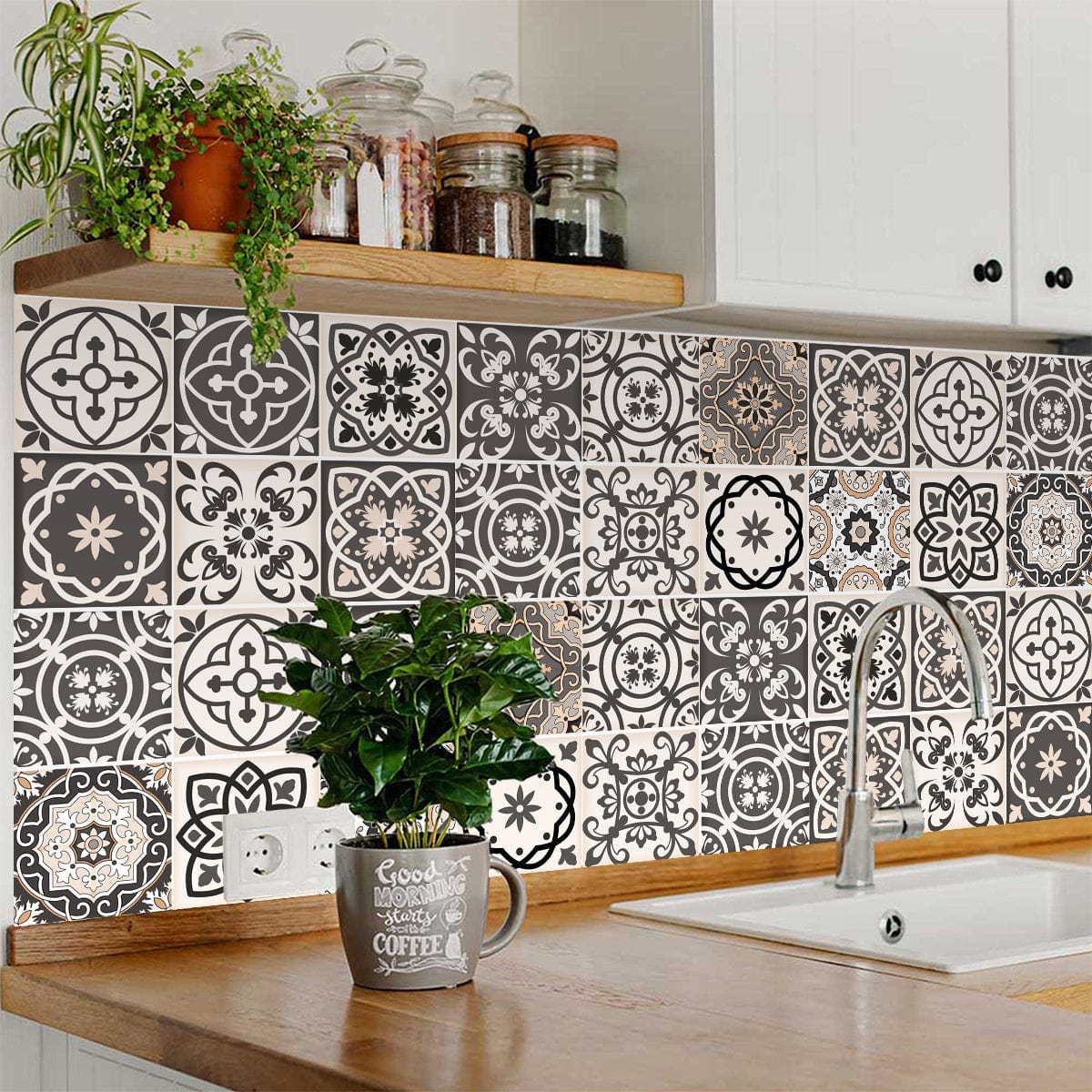 8" X 8" Charcoal And White Mosaic Peel And Stick Removable Tiles - Homeroots