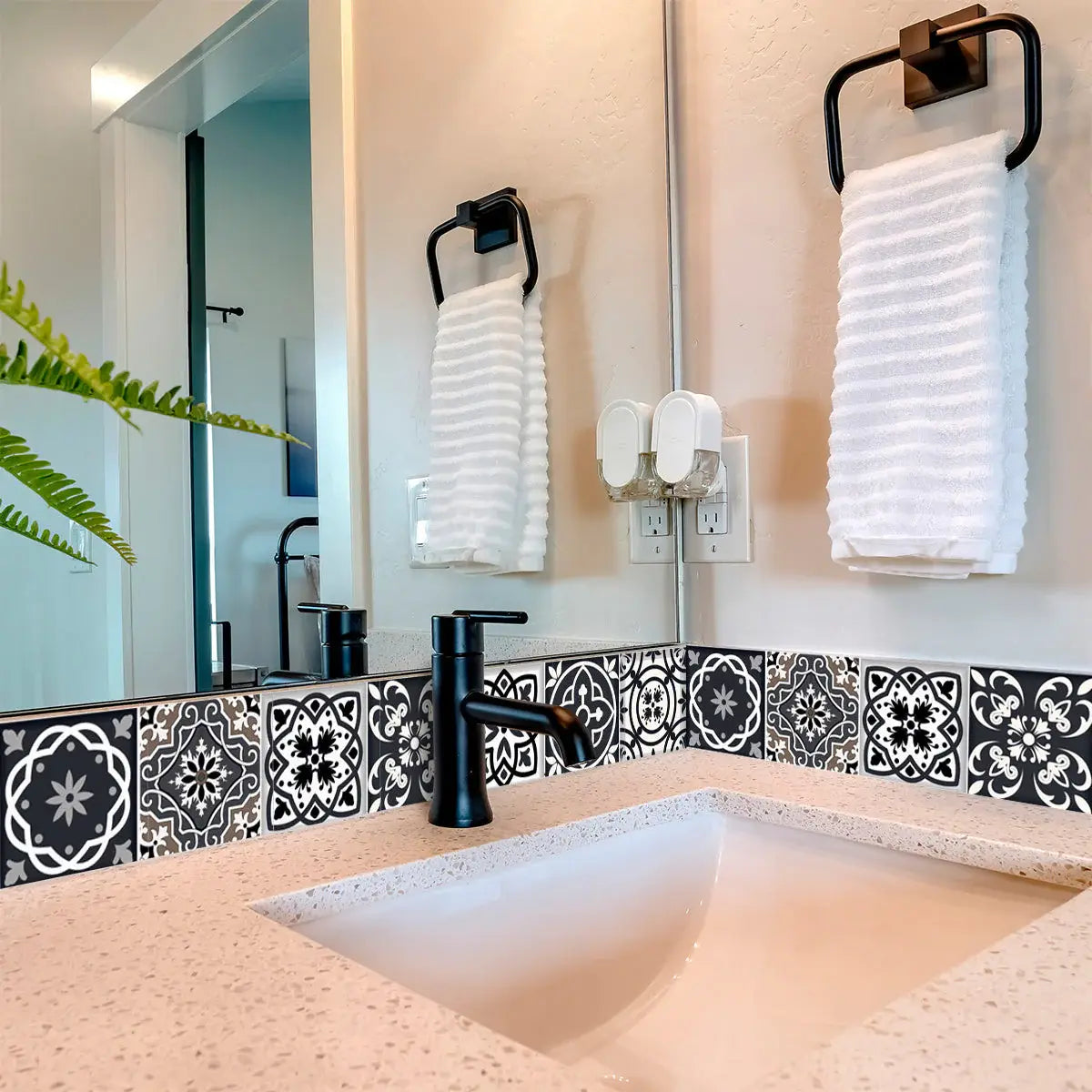 4" X 4" Black White And Tan Peel And Stick Removable Tiles - Homeroots - Flyclothing LLC