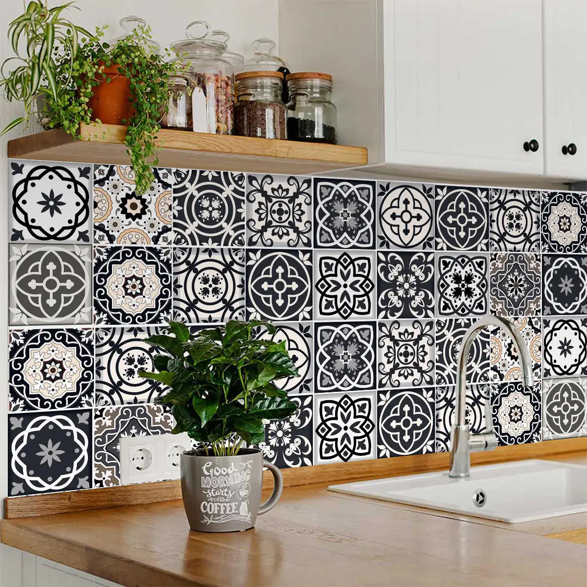 5" X 5" Black White And Tan Peel And Stick Removable Tiles - Homeroots - Flyclothing LLC