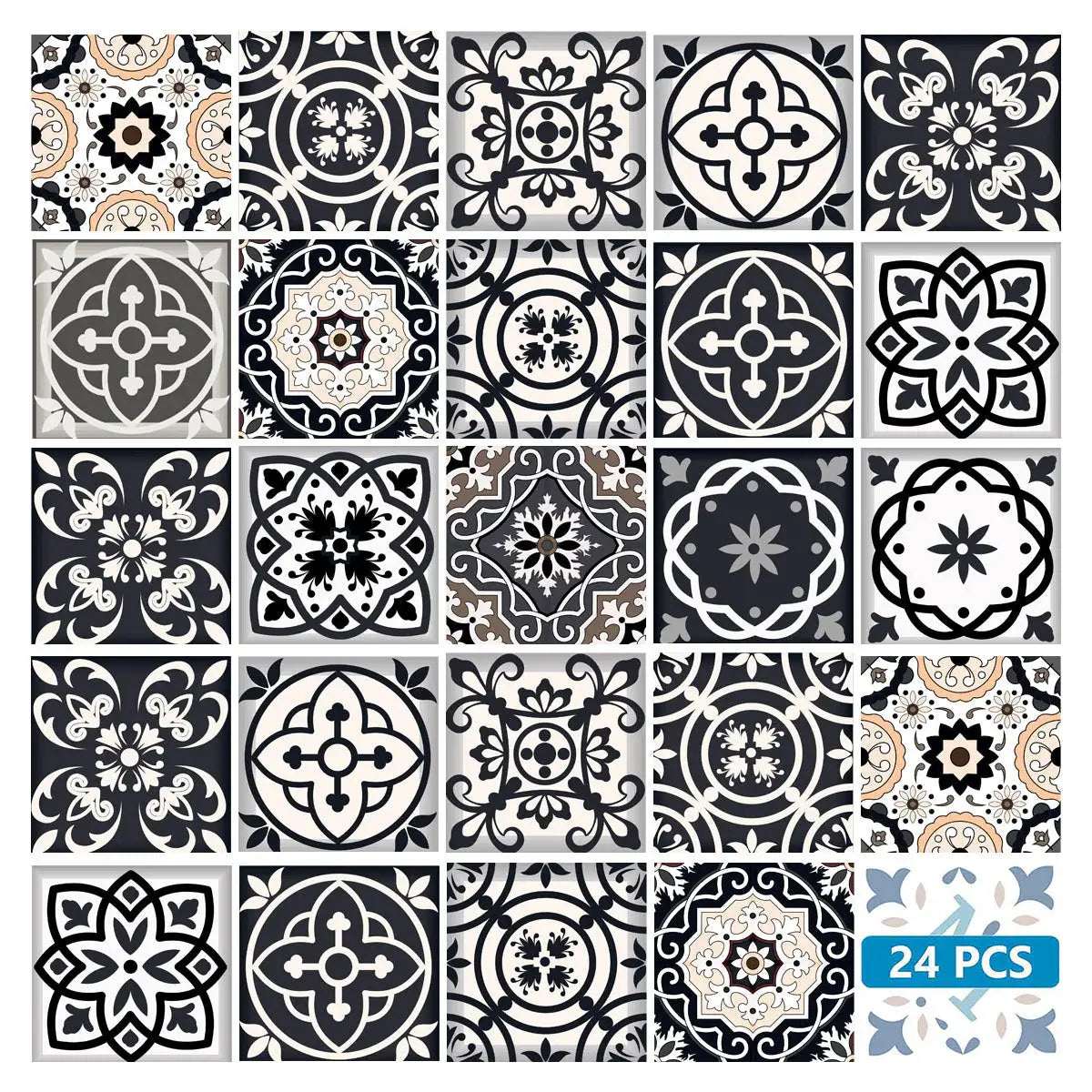 6" X 6" Black White And Tan Peel And Stick Removable Tiles - Homeroots - Flyclothing LLC