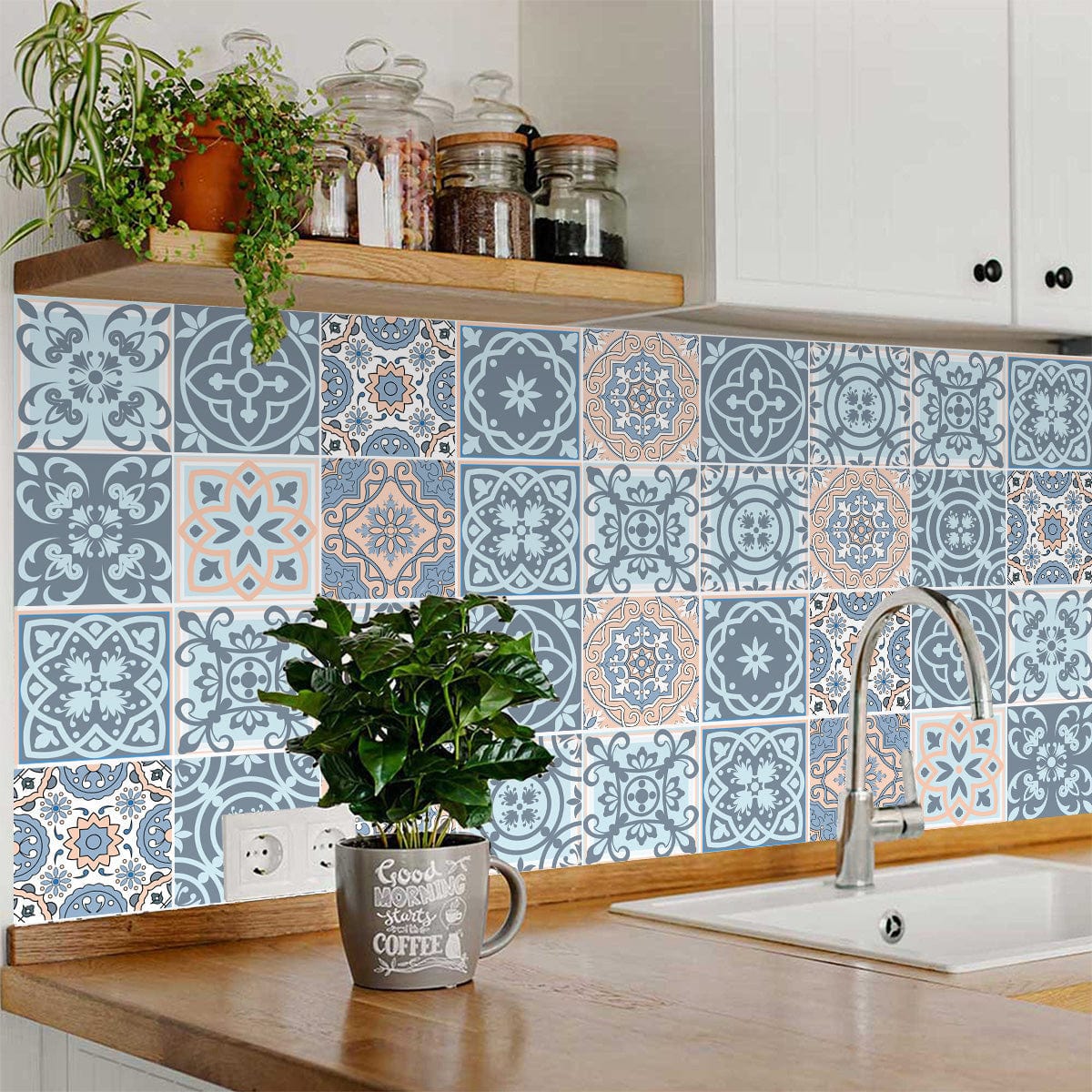 5" X 5" Baby Blue And Peach Mosaic Peel And Stick Removable Tiles - Homeroots