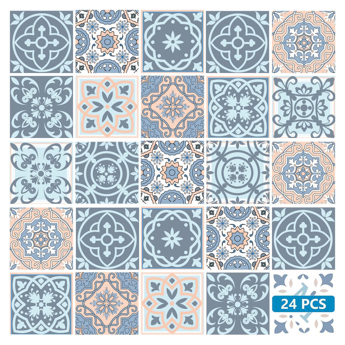 7" X 7" Baby Blue And Peach Mosaic Peel And Stick Removable Tiles - Homeroots