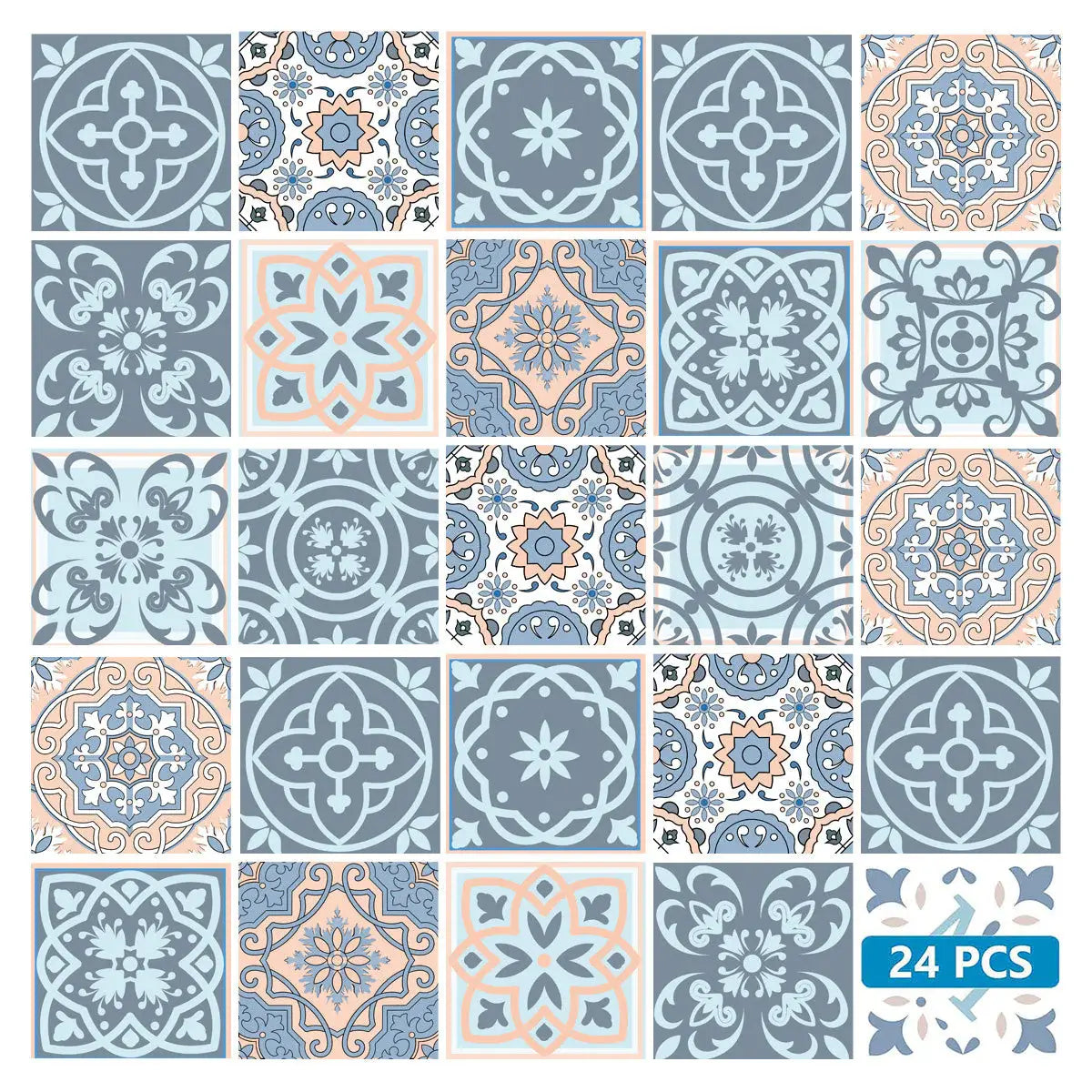 8" X 8" Baby Blue And Peach Mosaic Peel And Stick Removable Tiles - Homeroots - Flyclothing LLC
